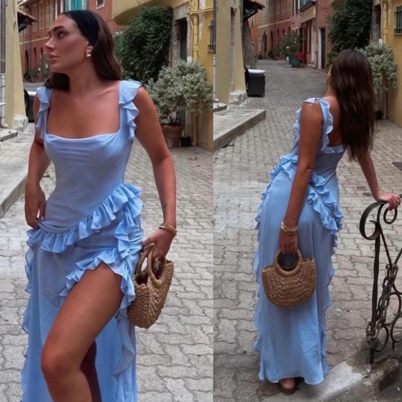 House Of Cb 'Ariela' Soft Blue Ruffle Maxi Dress Nwot Size S